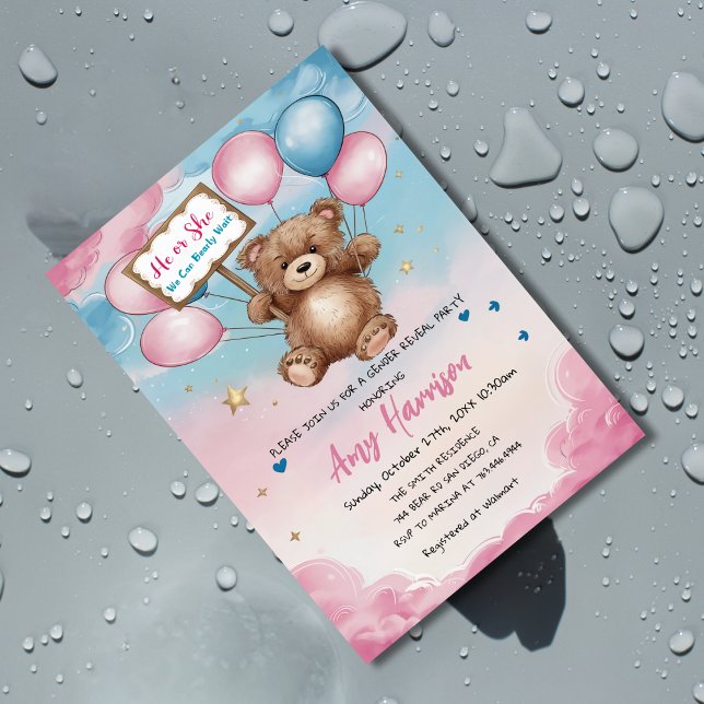 Bear Gender Reveal Pink and Blue Baby Shower  Invitation (Creator Uploaded)