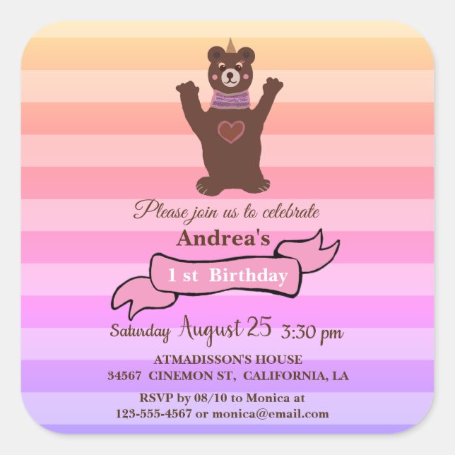 Bear Girl's  Birthday  Birthday Sticker (Front)