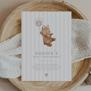 Bear Girls First Birthday Invitation Pink Balloon