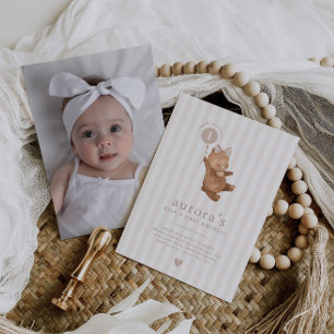 Bear Girls First Birthday Pink Balloon Photo Invitation