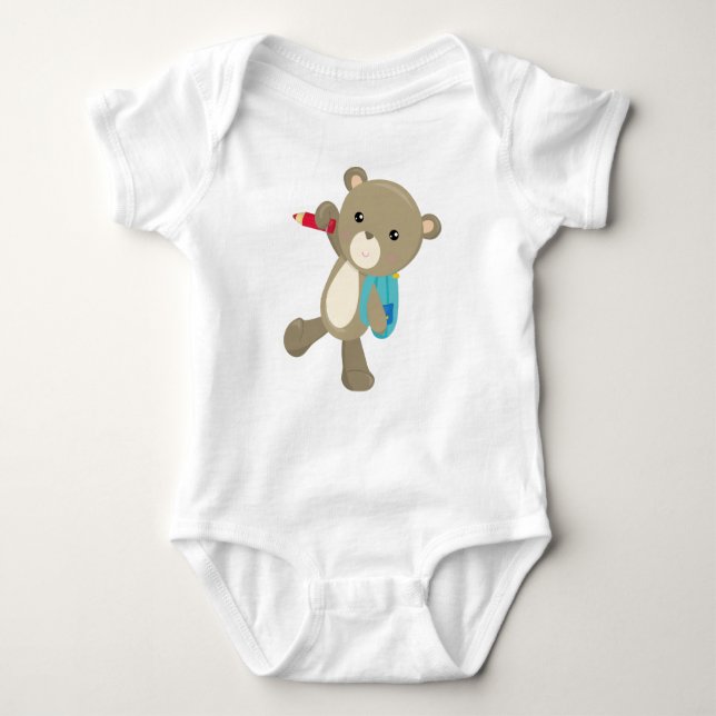 Bear Going To School, Cute Bear, Backpack, Pencil Baby Bodysuit (Front)