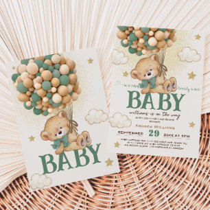 Bear Green Balloons Baby Shower  Invitation