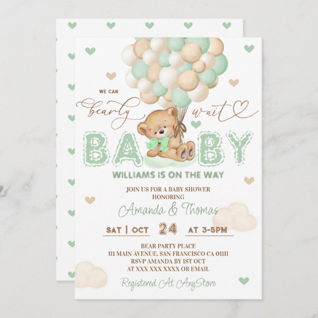 Bear Green Balloons Gender Neutral Baby Shower Invitation (Front/Back)