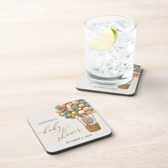 Bear, Green Balloons, Hot Air Balloon, Baby Shower Coaster (Right Side)