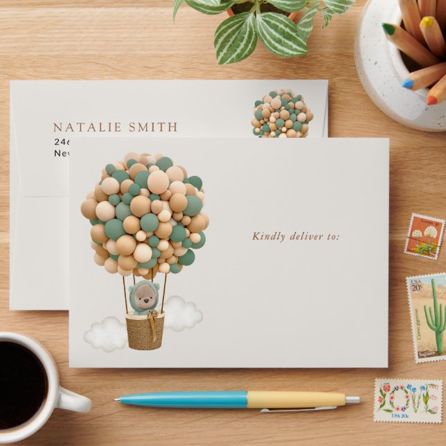 Bear, Green Balloons, Hot Air Balloon, Baby Shower Envelope (Desk)