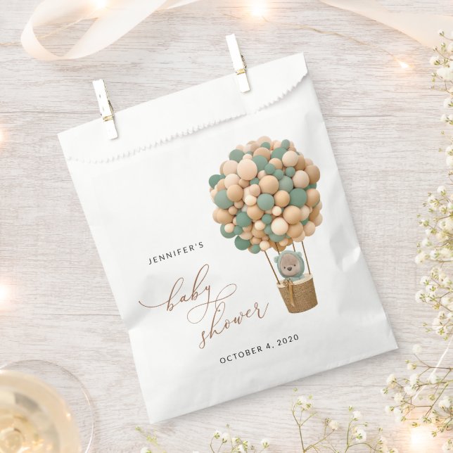 Bear, Green Balloons, Hot Air Balloon, Baby Shower Favour Bag (Clipped)