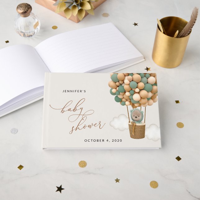 Bear, Green Balloons, Hot Air Balloon, Baby Shower Guest Book (Front Open)