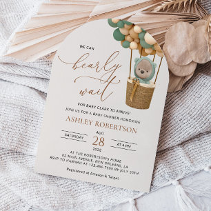 Bear, Green Balloons, Hot Air Balloon, Baby Shower Invitation