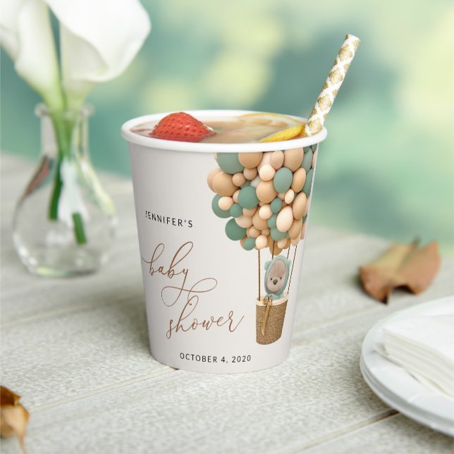 Bear, Green Balloons, Hot Air Balloon, Baby Shower Paper Cups (Insitu)