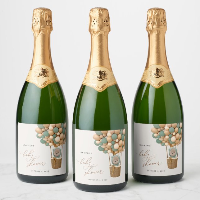 Bear, Green Balloons, Hot Air Balloon, Baby Shower Sparkling Wine Label (Bottles)