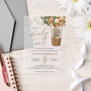 Bear, Green Balloons, Hot Air Balloon, Baby Shower Vellum Invitations