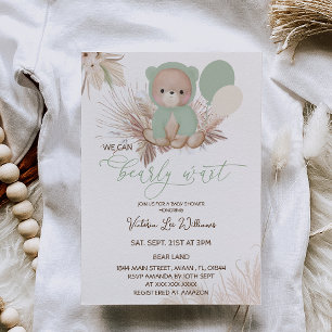 Bear Green Balloons Pampas Baby Shower Invitation