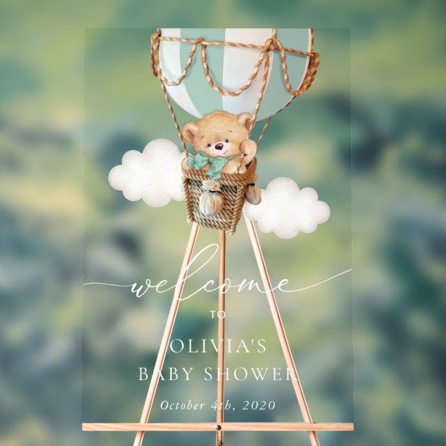 Bear, Green Hot Air Balloon, Baby Shower Welcome Acrylic Sign (Neutral)