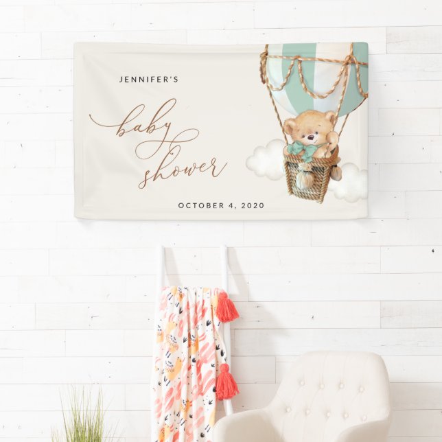 Bear, Green Hot Air Balloon, Baby Shower Welcome Banner (Insitu)