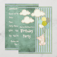 Bear Green Rustic Stripes Kids Birthday