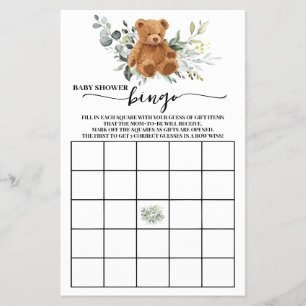 Bear Greenery Baby Shower Bingo Game Card