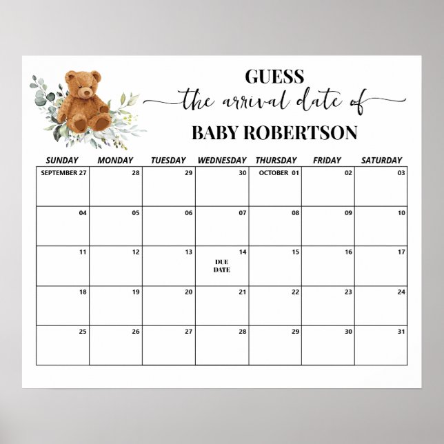 Bear Greenery Baby Shower Guess Due Date Calendar Poster (Front)