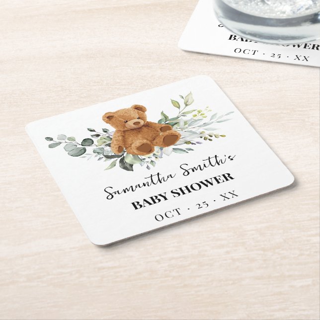 Bear Greenery Baby Shower Square Paper Coaster (Angled)