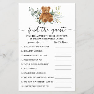 Bear Greenery Find the Guest Baby Shower Game Card