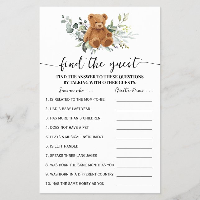 Bear Greenery Find the Guest Baby Shower Game Card (Front)