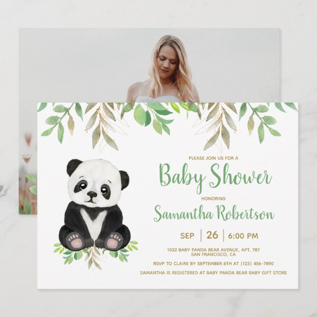 Bear Greenery Gender Neutral Baby Shower Photo Invitation (Front/Back)