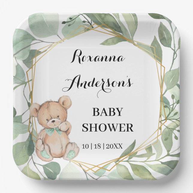 Bear Greenery Gold Baby Shower Paper Plate (Front)