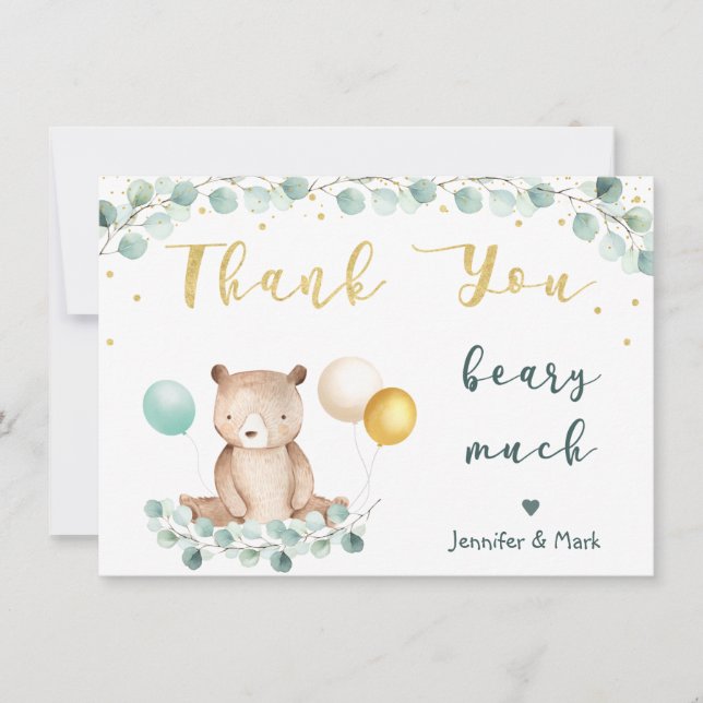 Bear Greenery Gold Baby Shower Thank You (Front)