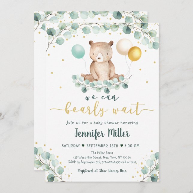 Bear Greenery Gold Gender Neutral Baby Shower Invitation (Front/Back)