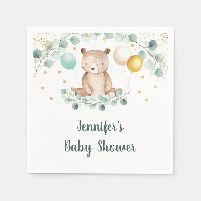 Bear Greenery Gold Gender Neutral Baby Shower Napkin (Front)