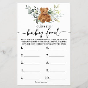 Bear Greenery Guess the Baby Food Shower Game Card