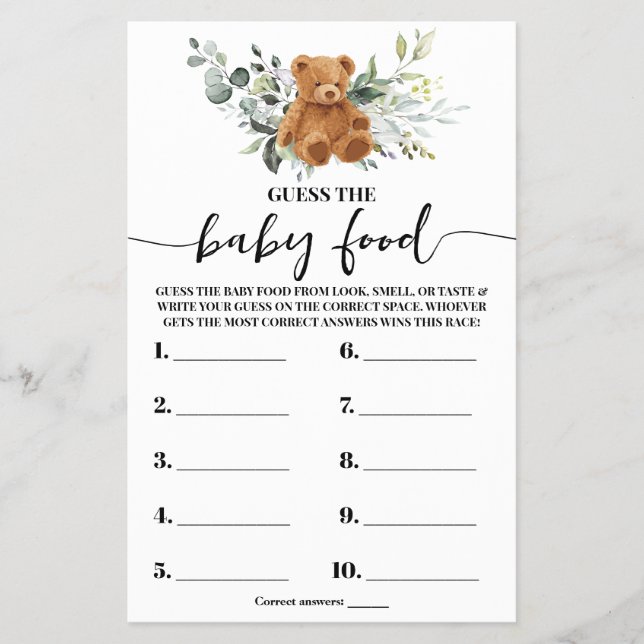 Bear Greenery Guess the Baby Food Shower Game Card (Front)