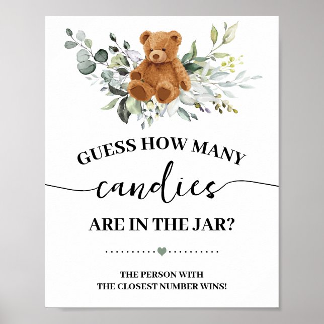 Bear Greenery How many Candies Shower Game Sign (Front)