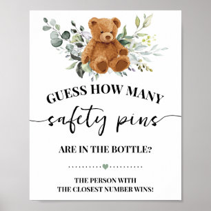 Bear Greenery How Many Safety Pin Baby Shower Game Poster