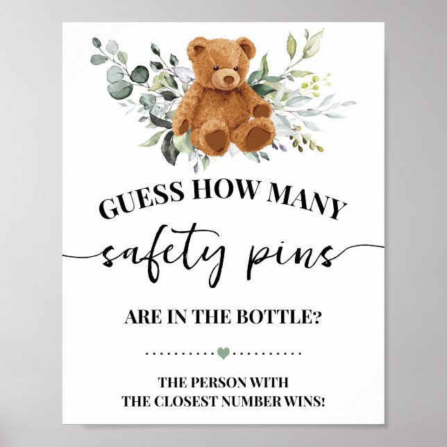 Bear Greenery How Many Safety Pin Baby Shower Game Poster (Front)