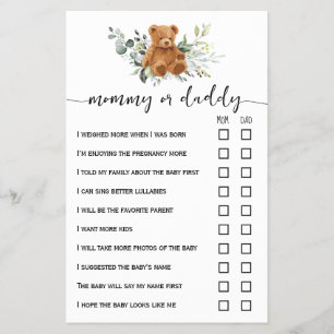 Bear Greenery Mom or Dad Baby Shower Game Card