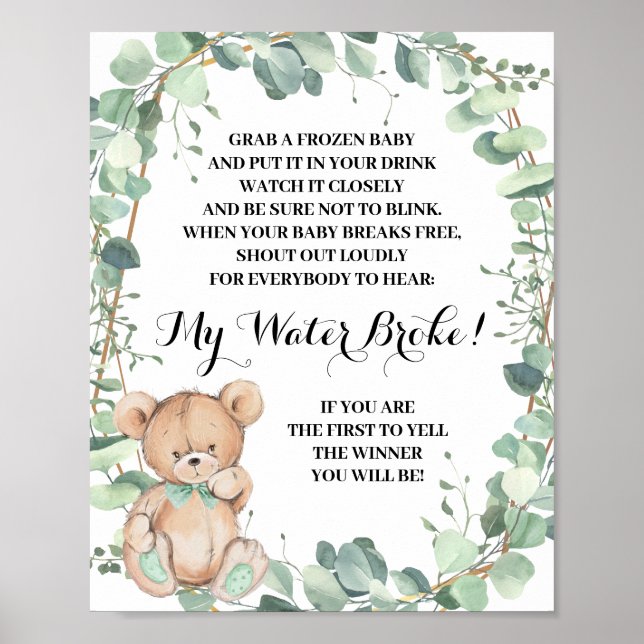 Bear Greenery My Water Broke Baby Shower Game Poster (Front)