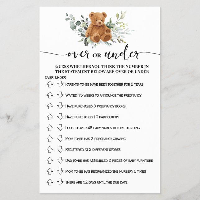 Bear Greenery Over or Under Baby Shower Game Card (Front)