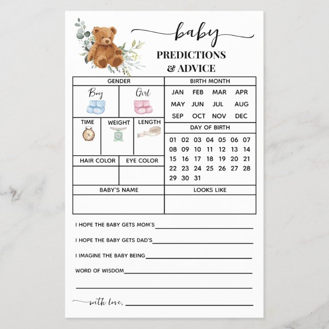 Bear Greenery Predictions Advice Baby Shower Card (Front)