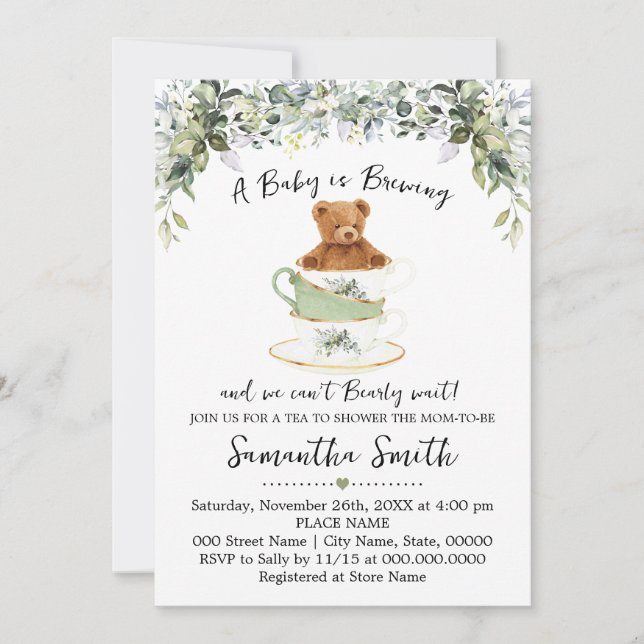 Bear Greenery Tea Baby Shower Invitation (Front)