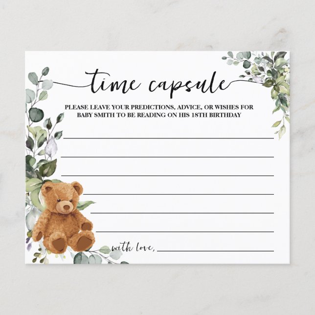 Bear Greenery Time Capsule Baby Shower Advice Card (Front)