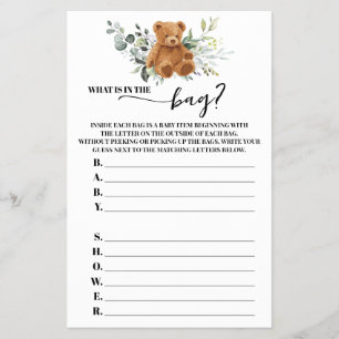 Bear Greenery What is in the Bag Baby Shower Game Flyer