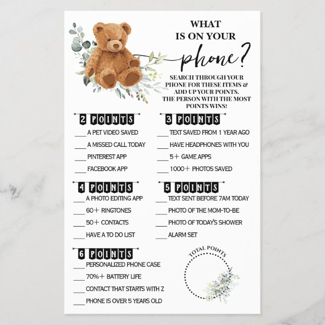 Bear Greenery Whats on your Phone Shower Game Card (Front)