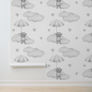 Bear Grey Umbrella Clouds Hearts Neutral Baby  Wallpaper