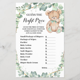 Bear Guess the Right Price Baby Shower Game Card F