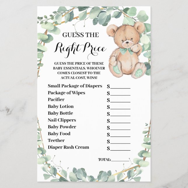 Bear Guess the Right Price Baby Shower Game Card F (Front)