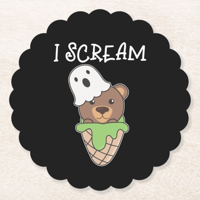 Bear Halloween Ghost I Scream Ice Pun Paper Coaster (Front)