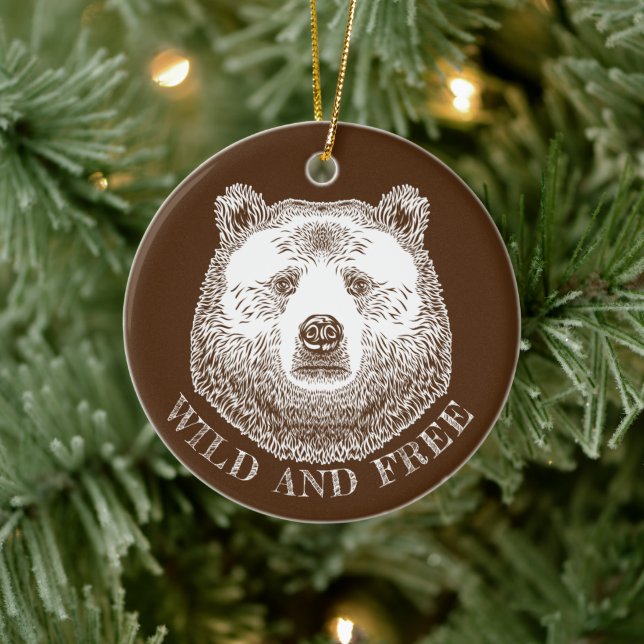Bear Head, Wild And Free, Hand Drawn Illustration Ceramic Ornament (Tree)