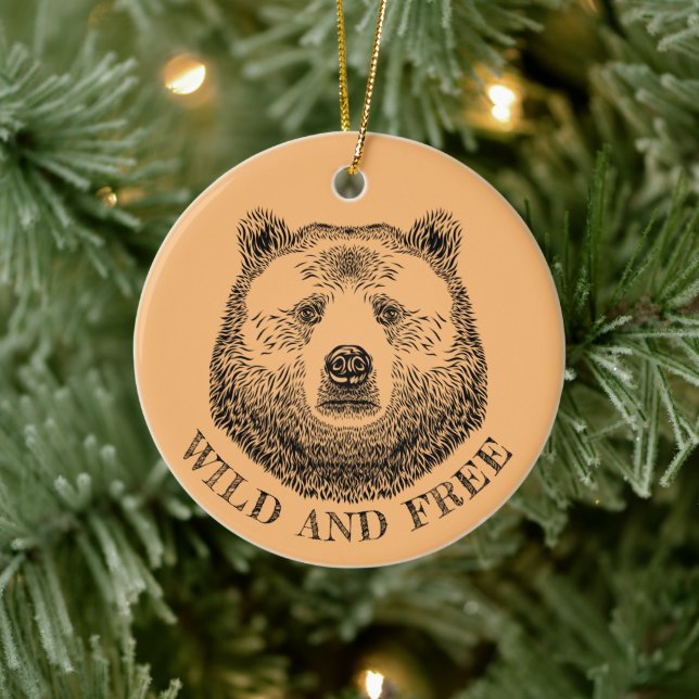 Bear Head, Wild And Free, Hand Drawn Illustration Ceramic Ornament (Tree)