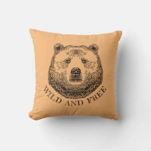 Bear Head, Wild And Free, Hand Drawn Illustration Cushion