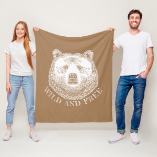 Bear Head, Wild And Free, Hand Drawn Illustration Fleece Blanket